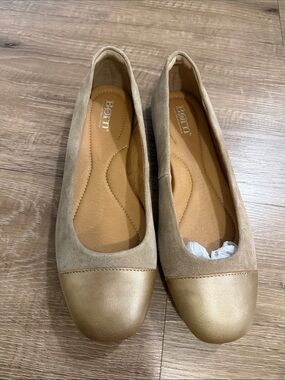 Born Batti Taupe Suede Flats with Metallic Gold Cap Toe